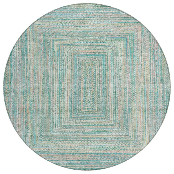 HomeRoots 8' Teal Blue Beige and Ivory Round Geometric Washable Area Rug for Indoor & Outdoor Living Spaces 618981