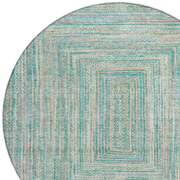 HomeRoots 8' Teal Blue Beige and Ivory Round Geometric Washable Area Rug for Indoor & Outdoor Living Spaces 618981