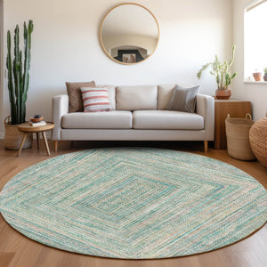 HomeRoots 8' Teal Blue Beige and Ivory Round Geometric Washable Area Rug for Indoor & Outdoor Living Spaces 618981