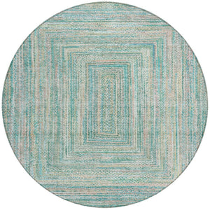 HomeRoots 8' Teal Blue Beige and Ivory Round Geometric Washable Area Rug for Indoor & Outdoor Living Spaces 618981