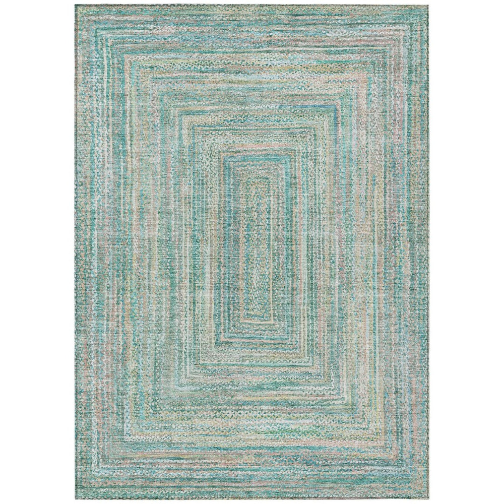 HomeRoots 9' X 12' Stylish Teal Blue Beige Geometric Area Rug - Washable Indoor/Outdoor Durable Design 618983
