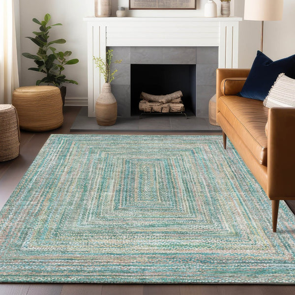 HomeRoots 9' X 12' Stylish Teal Blue Beige Geometric Area Rug - Washable Indoor/Outdoor Durable Design 618983