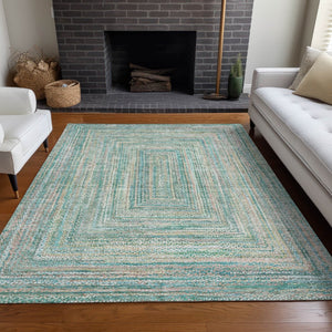 HomeRoots 9' X 12' Stylish Teal Blue Beige Geometric Area Rug - Washable Indoor/Outdoor Durable Design 618983