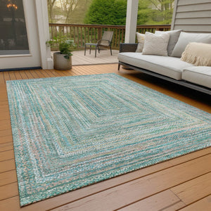 HomeRoots 9' X 12' Stylish Teal Blue Beige Geometric Area Rug - Washable Indoor/Outdoor Durable Design 618983