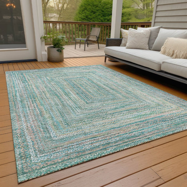 HomeRoots 9' X 12' Stylish Teal Blue Beige Geometric Area Rug - Washable Indoor/Outdoor Durable Design 618983