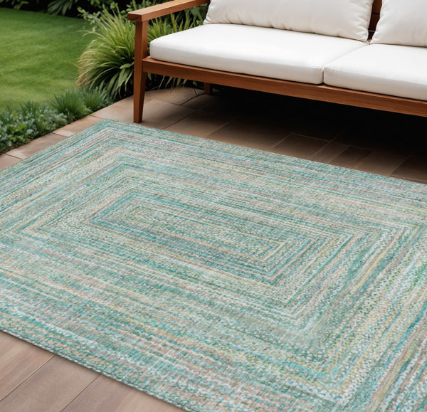 HomeRoots 10' X 14' Teal Blue Beige Ivory Geometric Rug - Washable, Durable, Stylish for Indoor & Outdoor Use 618984