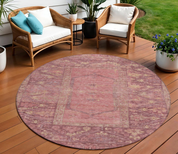 HomeRoots 8' Blush and Pink Round Oriental Rug - Washable, Durable Design for Indoor & Outdoor Spaces 618987