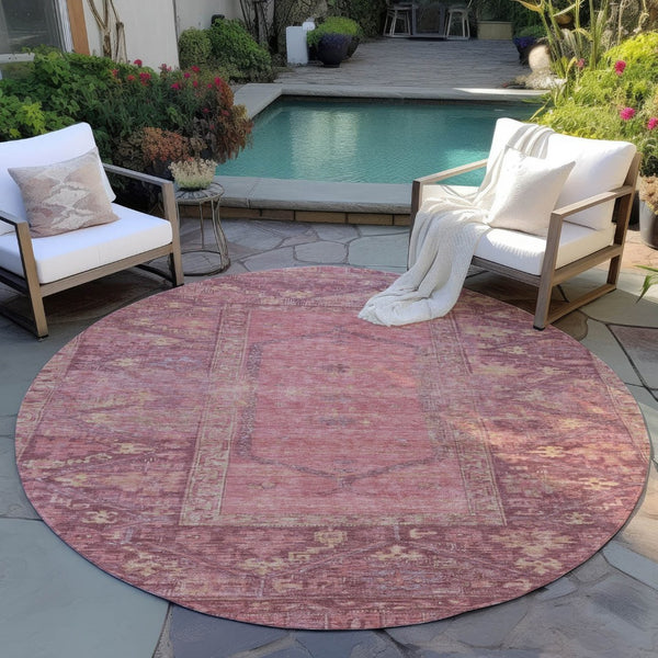 HomeRoots 8' Blush and Pink Round Oriental Rug - Washable, Durable Design for Indoor & Outdoor Spaces 618987