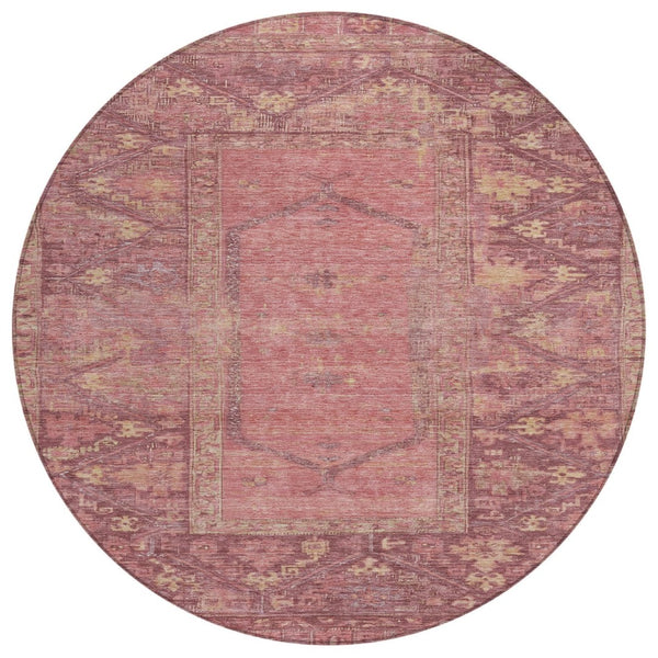 HomeRoots 8' Blush and Pink Round Oriental Rug - Washable, Durable Design for Indoor & Outdoor Spaces 618987