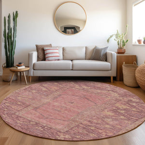 HomeRoots 8' Blush and Pink Round Oriental Rug - Washable, Durable Design for Indoor & Outdoor Spaces 618987