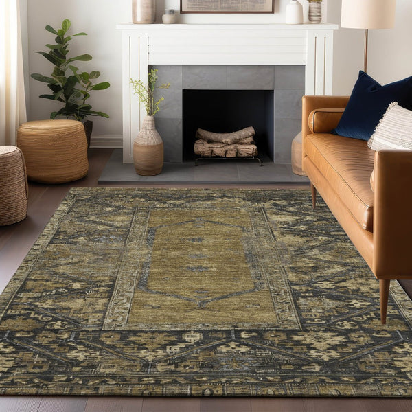HomeRoots 5' Brown & Charcoal Oriental Area Rug – Washable, Durable, Perfect for Indoor/Outdoor Spaces! 618992
