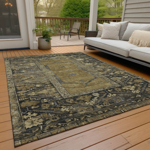 HomeRoots 5' Brown & Charcoal Oriental Area Rug – Washable, Durable, Perfect for Indoor/Outdoor Spaces! 618992