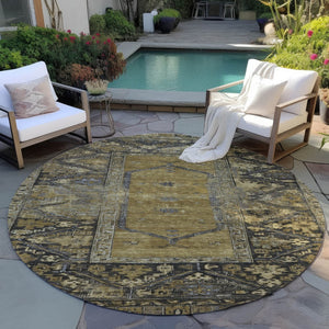 HomeRoots 8' Brown and Charcoal Round Oriental Rug - Stylish, Washable, Durable for Indoor & Outdoor Spaces 618993