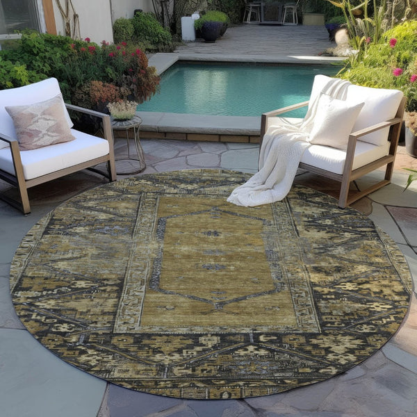 HomeRoots 8' Brown and Charcoal Round Oriental Rug - Stylish, Washable, Durable for Indoor & Outdoor Spaces 618993