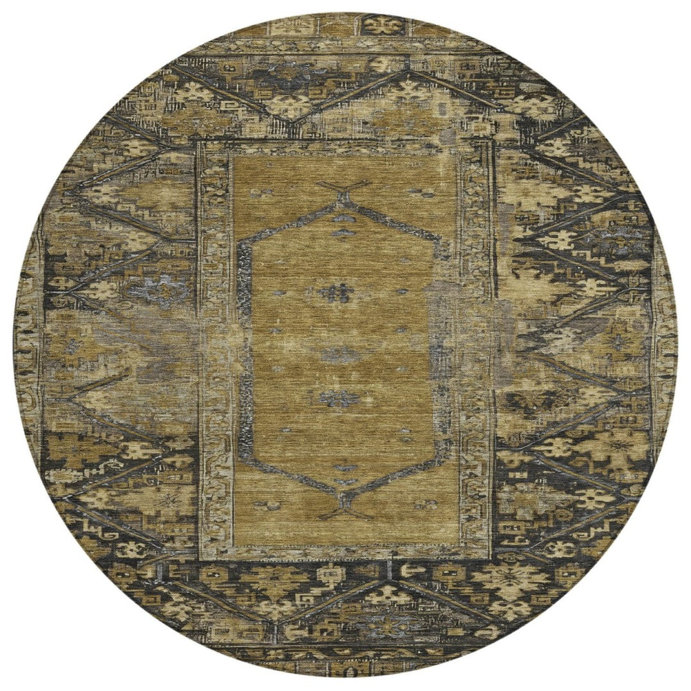 HomeRoots 8' Brown and Charcoal Round Oriental Rug - Stylish, Washable, Durable for Indoor & Outdoor Spaces 618993