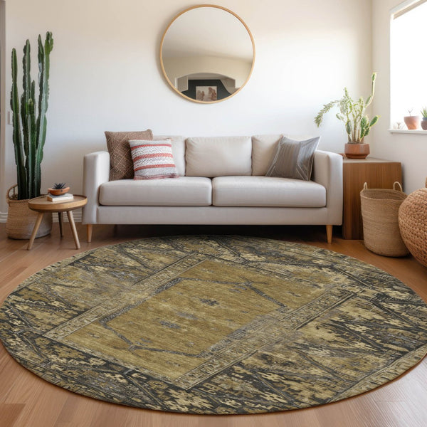 HomeRoots 8' Brown and Charcoal Round Oriental Rug - Stylish, Washable, Durable for Indoor & Outdoor Spaces 618993