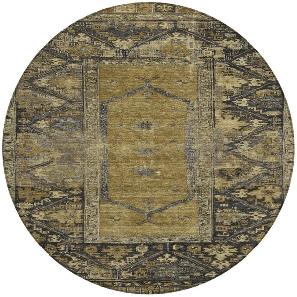 HomeRoots 8' Brown and Charcoal Round Oriental Rug - Stylish, Washable, Durable for Indoor & Outdoor Spaces 618993