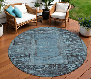 HomeRoots 8' Blue and Gray Round Oriental Area Rug - Stylish, Washable, Indoor/Outdoor, Stain-Resistant Design 618999