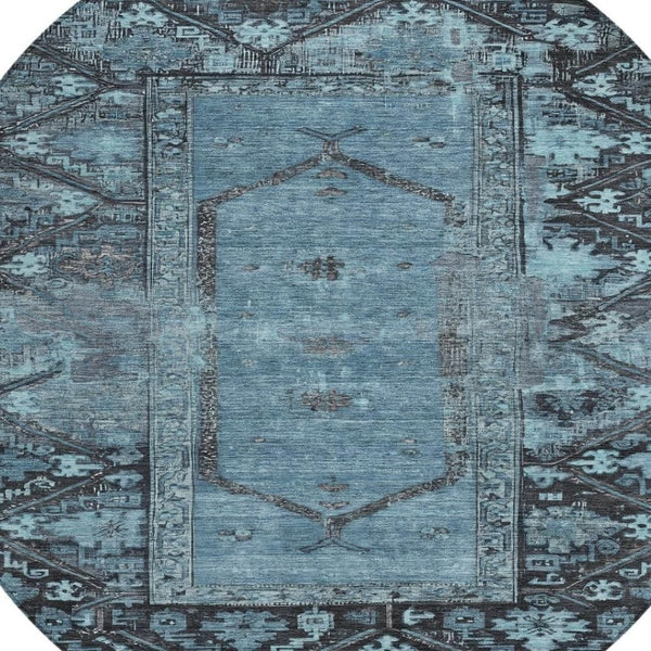 HomeRoots 8' Blue and Gray Round Oriental Area Rug - Stylish, Washable, Indoor/Outdoor, Stain-Resistant Design 618999
