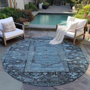 HomeRoots 8' Blue and Gray Round Oriental Area Rug - Stylish, Washable, Indoor/Outdoor, Stain-Resistant Design 618999