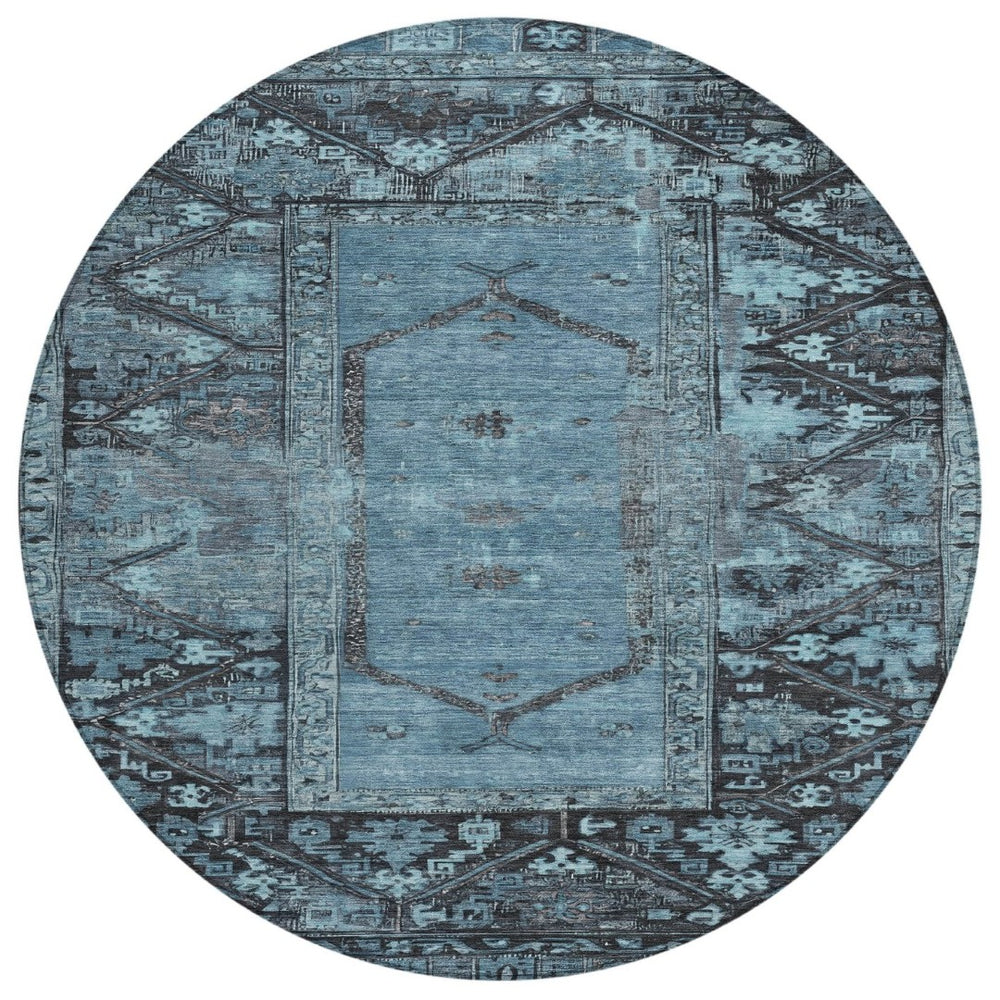 HomeRoots 8' Blue and Gray Round Oriental Area Rug - Stylish, Washable, Indoor/Outdoor, Stain-Resistant Design 618999