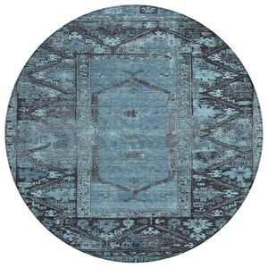 HomeRoots 8' Blue and Gray Round Oriental Area Rug - Stylish, Washable, Indoor/Outdoor, Stain-Resistant Design 618999
