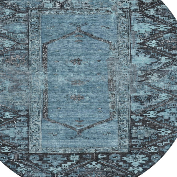HomeRoots 8' Blue and Gray Round Oriental Area Rug - Stylish, Washable, Indoor/Outdoor, Stain-Resistant Design 618999