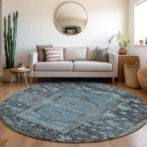 HomeRoots 8' Blue and Gray Round Oriental Area Rug - Stylish, Washable, Indoor/Outdoor, Stain-Resistant Design 618999