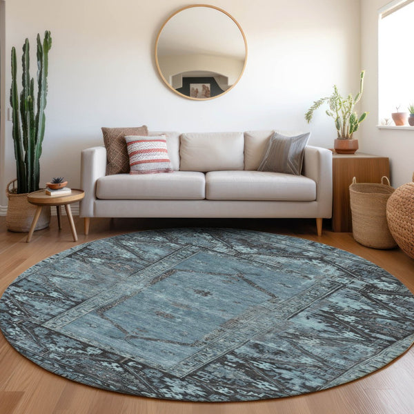 HomeRoots 8' Blue and Gray Round Oriental Area Rug - Stylish, Washable, Indoor/Outdoor, Stain-Resistant Design 618999