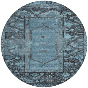 HomeRoots 8' Blue and Gray Round Oriental Area Rug - Stylish, Washable, Indoor/Outdoor, Stain-Resistant Design 618999