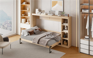 English Elm Full Full Size Murphy Bed with Bookshelf and Fold-Down Work Surface, Space-Saving LVL/MDF Design Natural GX002220AAN