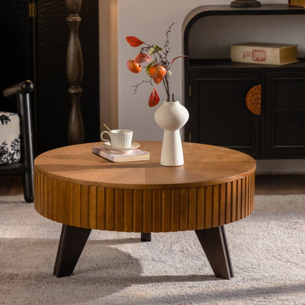 English Elm 31.5" Round Mid-century Coffee Table with Lower Shelf Solid Wood Legs and Mdf Top Natural W757P370290