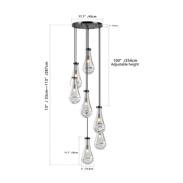 English Elm 7 Modern 7-Light Raindrop Chandelier with Adjustable Hanging Rope, Brushed Glass Shades for Dining Black W1340P316386