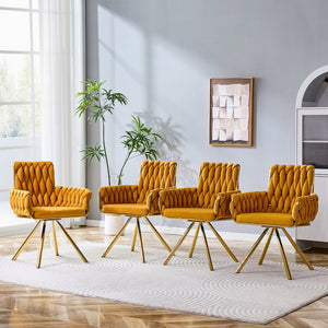 English Elm Set of 2 Velvet Upholstered Dining Chairs Braided Rope Back Glam Metal Legs Gold,Yellow W3875P383935