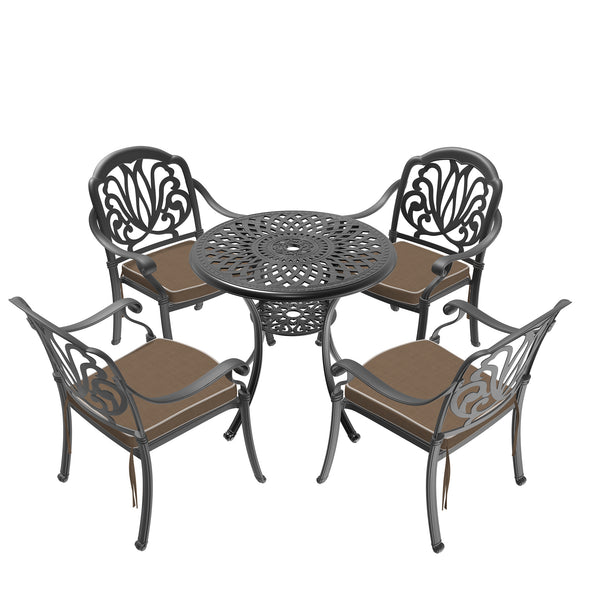 English Elm 5-Piece Elegant Cast Aluminum Patio Furniture Set With Brown Cushions For Outdoor Relaxation & Style W1710S00044