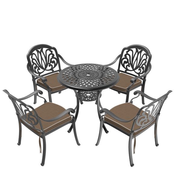 English Elm 5-piece Cast Aluminum Outdoor Dining Set with Ornate Relief Patterns and All-weather Cushions W1710S00539