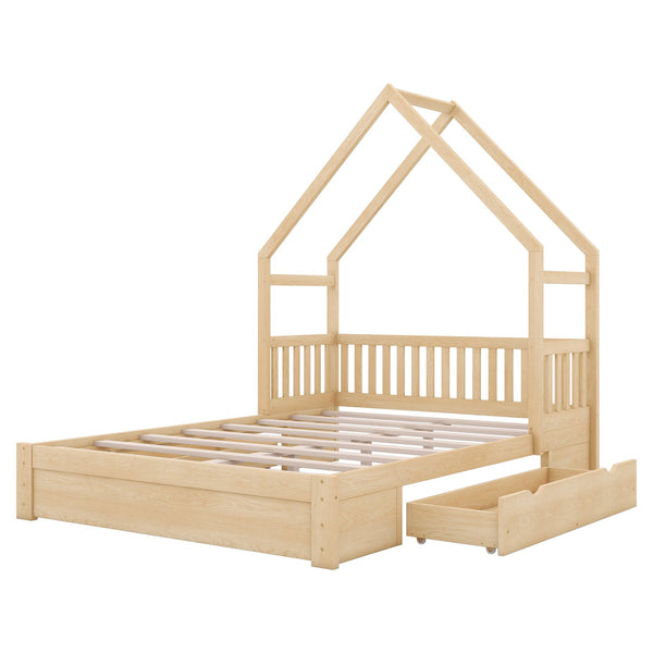 English Elm Wood Queen Size House Platform Bed with Guardrail and 2 Drawers — Charming Kids’ Playful Storage Bedframe Natural GX000726AAN