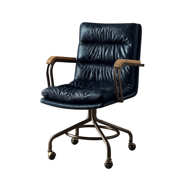 English Elm Vintage Vintage Blue Swivel Office Chair in Top Grain Leather with Wooden Arms, Casters, Metal Frame Elegance B062P189214