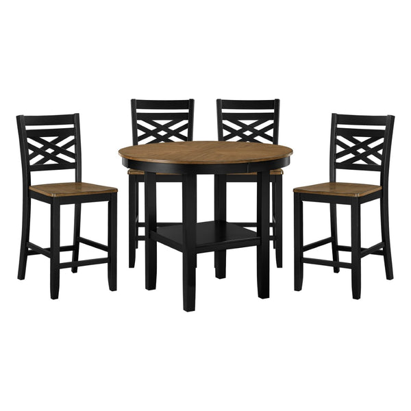 English Elm 5pc Round Counter Height Dining Set Acacia Wood Pedestal Table with Built-in Shelf B011P427921