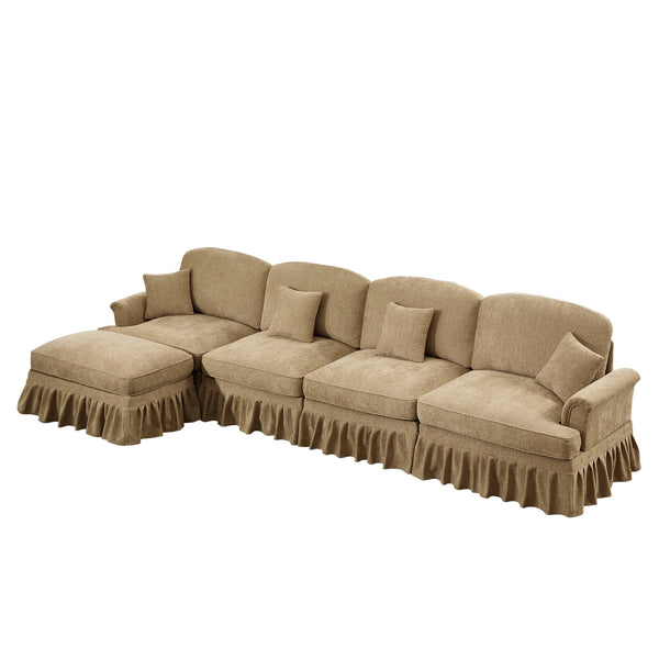 English Elm Classic Modular Chenille Sectional Couch - L-Shaped, Flared Arms, Removable Skirts & Movable Ottoman W3041S00250