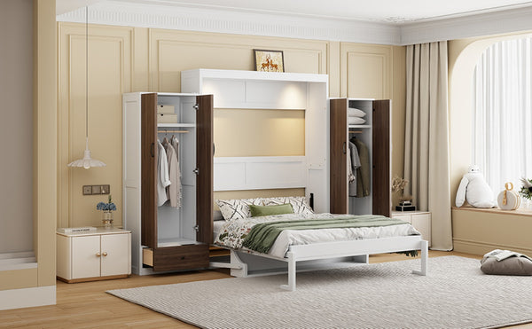 English Elm Full Size Murphy Wall Bed with Wardrobes Desk Drawers and Led Light in White LP000924AAK
