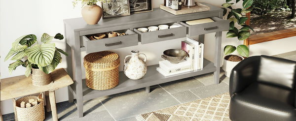 English Elm U_style Farmhouse Console Table with Three Drawers Open Shelf Entryway Organizer N711P410445E