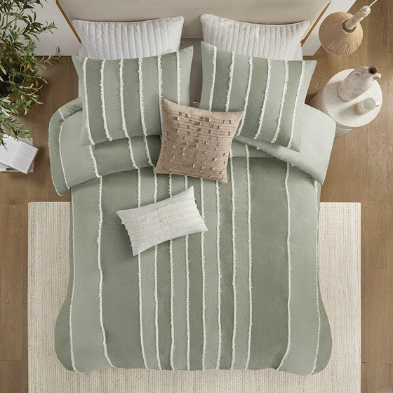 English Elm Full/Queen Boho Striped Cotton Duvet Cover Set with Green Clip Jacquard Trim, OEKO-TEX, Machine Washable B035P217804