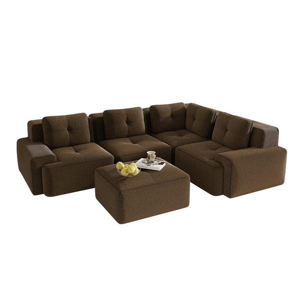 English Elm Modern Corduroy Sectional Sofa Deep Seat V Shape Tufted Couch with Movable Ottoman Brown W714S01576