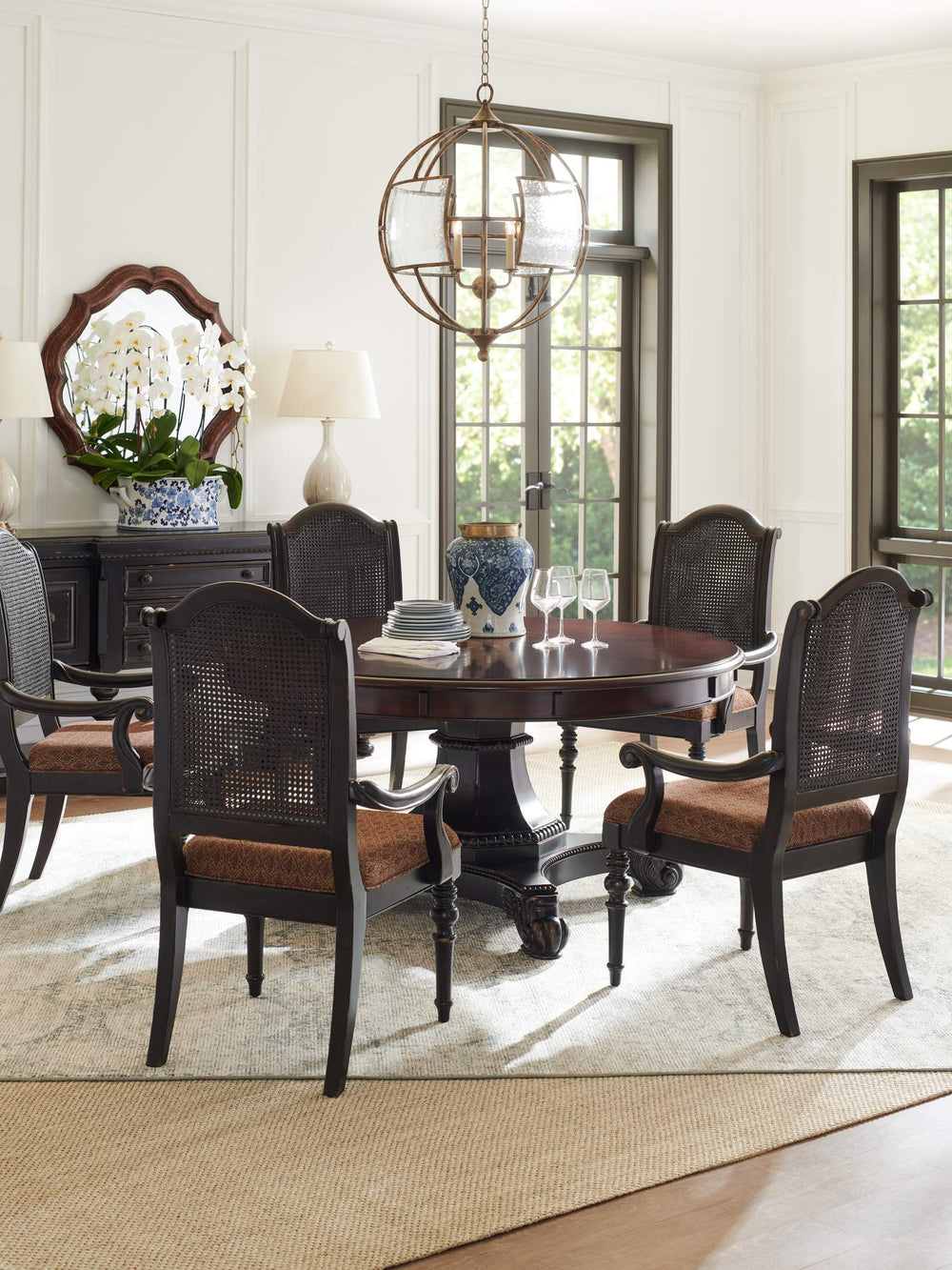 Lexington Isla Verde Dining Arm Chair British Colonial Cane Back Tapestry Seat Tamarind 619-881-01