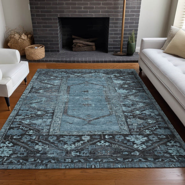 HomeRoots 8' Blue and Gray Washable Oriental Area Rug – Elegant Indoor/Outdoor Design for Modern Spaces 619000