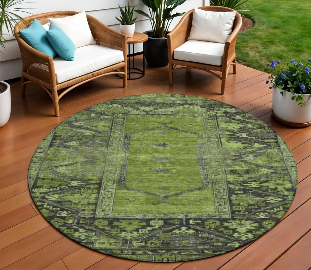 HomeRoots 8' Olive Green & Gray Round Oriental Rug – Washable, Durable Design for Indoor & Outdoor Spaces 619011
