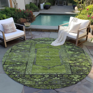 HomeRoots 8' Olive Green & Gray Round Oriental Rug – Washable, Durable Design for Indoor & Outdoor Spaces 619011