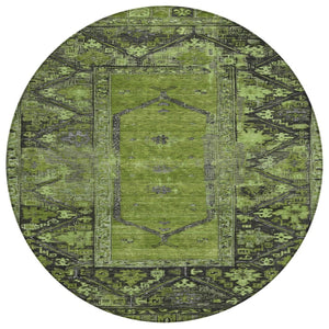 HomeRoots 8' Olive Green & Gray Round Oriental Rug – Washable, Durable Design for Indoor & Outdoor Spaces 619011