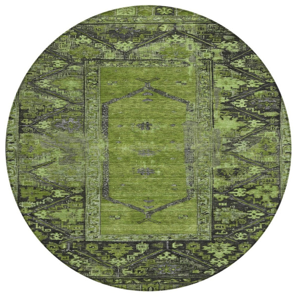 HomeRoots 8' Olive Green & Gray Round Oriental Rug – Washable, Durable Design for Indoor & Outdoor Spaces 619011